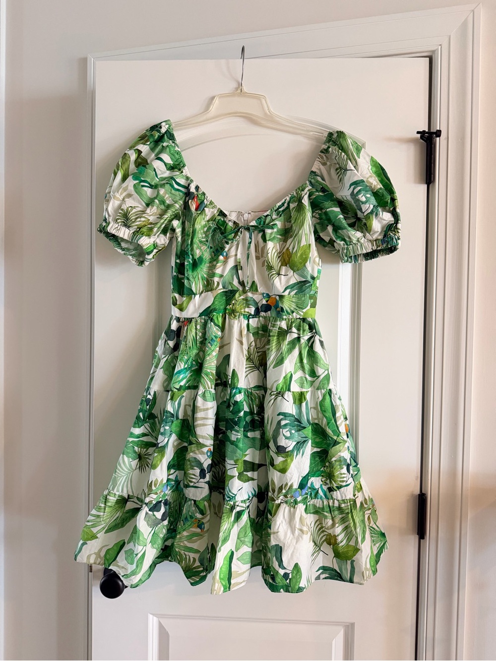 ANTONIO MELANI White Mini Dress with Green Leaf Print and Puff Sleeves
